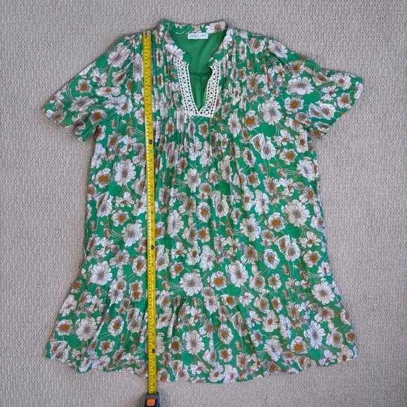SHE + SKY Green Floral Split Neck Swing Dress 2XL Crochet trim dopamine dressing - Picture 8 of 16